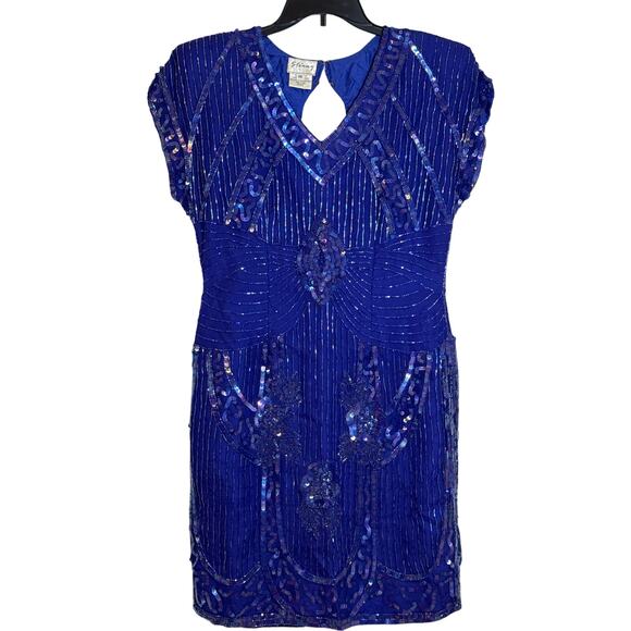VTG Stenay Size 10, 100% Silk Shell Midnight Blue Sequins & Beads Evening Dress - Picture 1 of 6